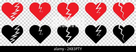 Broken or divorce hearts icons. Vector illustration isolated on transparent background Stock Vector