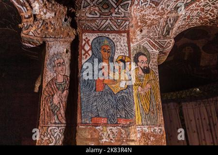 TIGRAY, ETHIOPIA - MARCH 22, 2019: Wall paintings in Abuna Yemata Guh rock-hewn church, Tigray region, Ethiopia Stock Photo