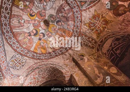 TIGRAY, ETHIOPIA - MARCH 22, 2019: Wall paintings in Abuna Yemata Guh rock-hewn church, Tigray region, Ethiopia Stock Photo