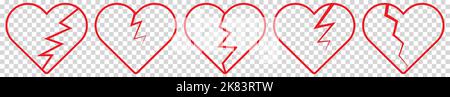 Red broken red heart line icons. Vector illustration isolated on transparent background Stock Vector
