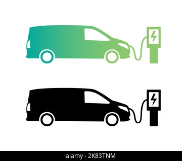 E-van icon. Cargo van plugged in electric charging station. Stock Vector