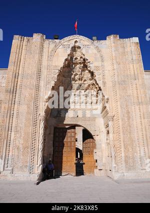 Located in Aksaray, Turkey, Sultanhani caravanserai was built in the 13th century. It is one of the most important caravanserais in Turkey. Stock Photo