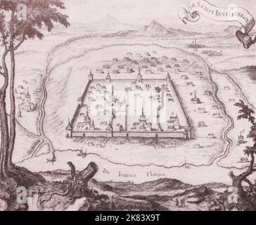 City of Yeniseisk. Engraving from 1692. Yeniseysk is a town in Krasnoyarsk Krai, Russia, located on the Yenisei River. Stock Photo