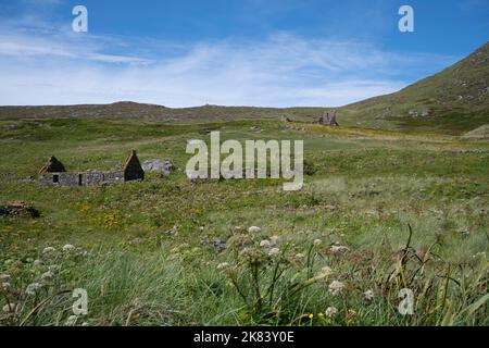 Ruins of the deserted village on the island of Mingulay, Bishop's Isles, Outer Hebrides, Scotland, UK Stock Photo