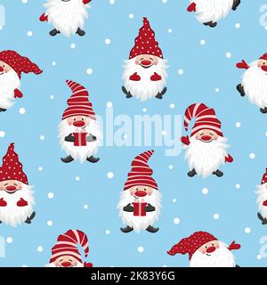 Cute gnomes pattern. Seamless Christmas background with elf characters. Stock Vector
