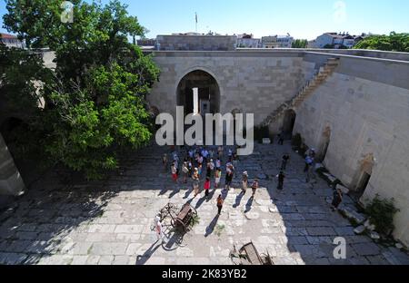 Located in Aksaray, Turkey, Sultanhani caravanserai was built in the 13th century. It is one of the most important caravanserais in Turkey. Stock Photo