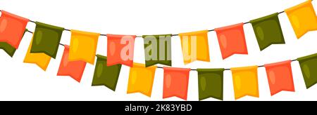 Thanksgiving bunting. Orange, green and yellow flag garland. Autumn holidays party decoration. Fall pennants chain.Celebration cartoon flags for decor Stock Vector