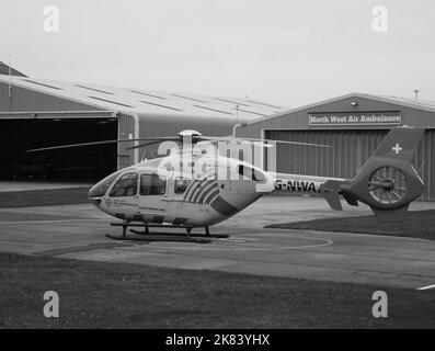 A view of the North West Air Ambulance Helicopter at Blackpool Airport, Blackpool, Lancashire, United Kingdom, Europe Stock Photo