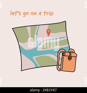 go on a trip. cute postcard, map and backpack Stock Vector