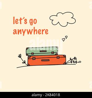 lets go somewhere. cute card, suitcases, cloud Stock Vector