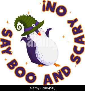 Halloween print with cute vector dancing penguin. Say boo and scary on text. Funny bird in a witch hat. Isolated. Stock Vector
