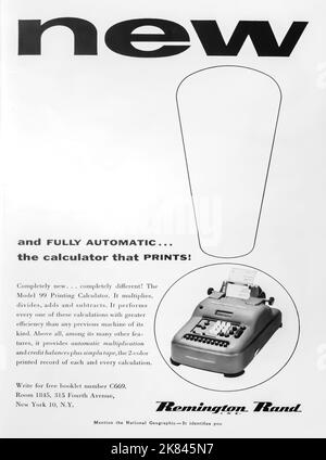 Remington Rand printing calculator advertisement in a NatGeo magazine, 1954 Stock Photo