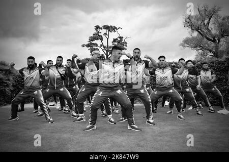 Black & White, dramatic image of the Cook Islands men’s Rugby League World Cup team performing the Haka at Rockliffe Hall Hurworth, Darlington, UK. Stock Photo