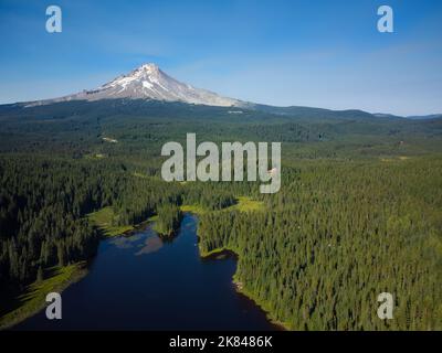 Panoramic shot. A small dark blue lake on a large green meadow, in the distance a high snow-covered mountain, a dormant volcano. Beautiful nature, lan Stock Photo