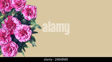 Happy Mothers Day card. Pink carnation flowers illustration isolated on beige background Stock Photo