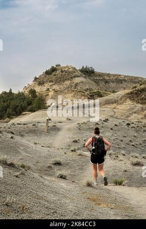 Hiker Heading Uphill Along Badlands Formations in Theodore Roosevelt National Park Stock Photo