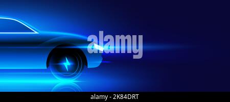 Fast electric car concept vector illustration. Blue neon glowing EV vehicle front part on a dark blue background. Futuristic sports car design with voltage symbol on the wheel. Stock Vector