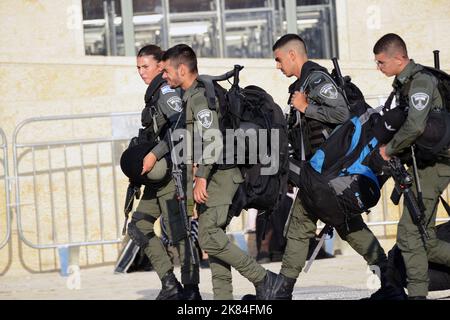 Israeli border police soldiers in a security checkpoint in the old city of Jerusalem. Stock Photo