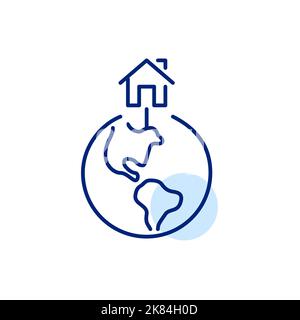 Home pointer on Earth globe. Pixel perfect, editable stroke line icon Stock Vector