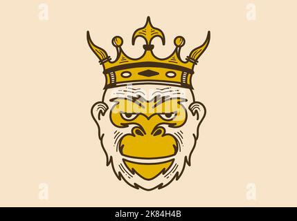 Vintage art illustration design of a apes head wearing crown Stock Vector