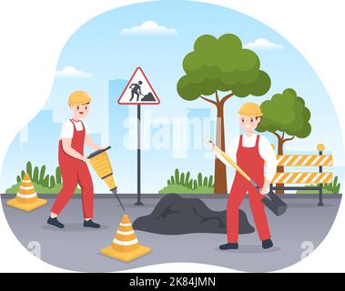 Road Construction and Highway Maintenance Workers Working on Asphalt Roads with Drilling Machine on Flat Cartoon Hand Drawing Template Illustration Stock Vector