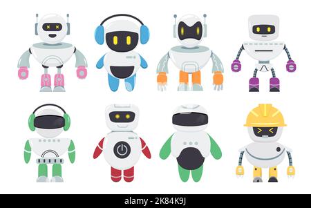 Ai robot cartoon characters with vector white robotic machines, modern ...