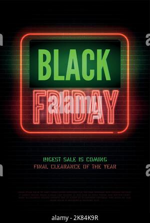 Biggest black friday discounts vector flyer template. Mega wholesale turtles advert with text space. Special price offer on neon stylized brick wall background. Seasonal sale promo banner design Stock Vector