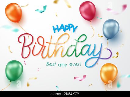 Birthday greeting vector background design. Happy birthday colorful text with balloons and confetti surprise elements for birth day card. Stock Vector