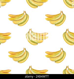 bright yellow bunch of bananas watercolor pattern on isolated white background, hand drawn Stock Photo