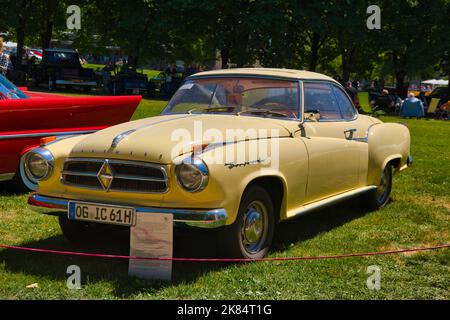 BADEN BADEN, GERMANY - JULY 2022: beige yellow Borgward Isabella 1954, oldtimer meeting in Kurpark. Stock Photo