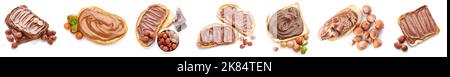 Collage of bread pieces with chocolate paste and hazelnuts on white background Stock Photo