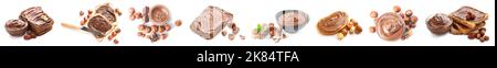 Set of chocolate paste with hazelnuts and bread pieces on white background Stock Photo
