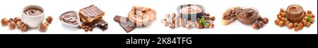 Set of chocolate paste with hazelnuts and bread pieces on white background Stock Photo