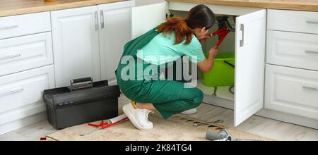 Female plumber fixing sink in kitchen Stock Photo