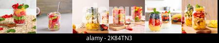 Collage of fresh fruit salads on table Stock Photo