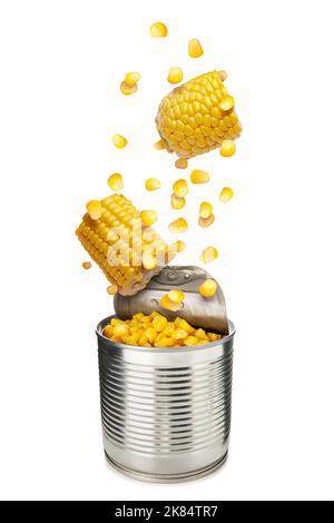 Open tin can with falling tasty corn on white background Stock Photo
