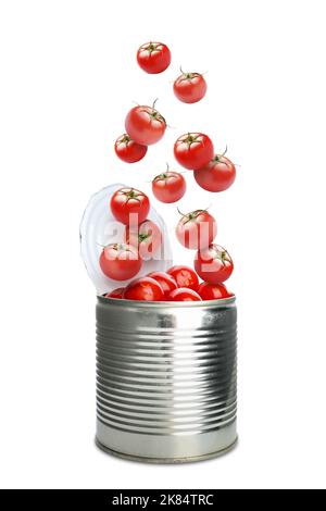 Open tin can with falling tasty tomatoes on white background Stock Photo