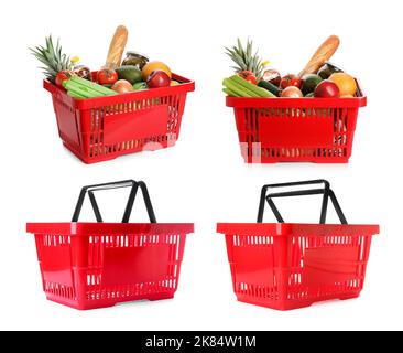 Shopping baskets with and without food on white background Stock Photo