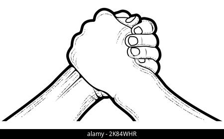 Arm wrestling contest, two hands symbol of brotherhood, strength and competition, vector Stock Vector