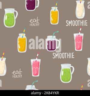 Refreshing summer seamless pattern with smoothie and lemonade. Strawberry and watermelon Vector background, Stock Vector