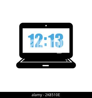 Laptop icon, logo with time on screen Flat design vector illustration on white isolated background. Stock Vector
