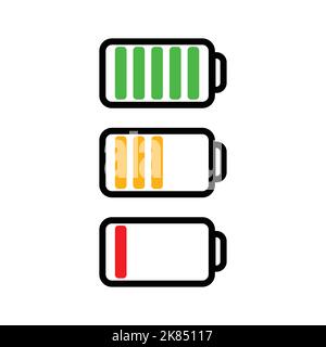 Battery icon, logo in full, medium and low power vector illustration on white isolated background. Stock Vector