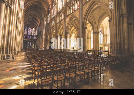 Interior of St. Peter and St. Paul cathedral in Troyes, France Church Nave with light streaming through the windows Stock Photo