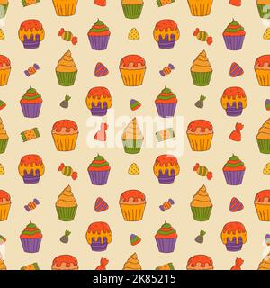 Cute halloween cupcakes seamless pattern. Halloween elements. Trick or treat concept. Stock Vector
