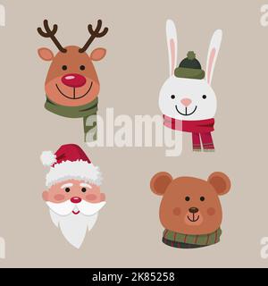 collection of cartoon christmas characters in winter warm accessories santa claus bear deer and bunny Stock Vector