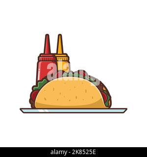 Taco with Sauce and Mayonnaise - Lunch, illustration - vector cartoon illustration - Minimalist cartoon - Fast food, Junk food illustration Stock Vector