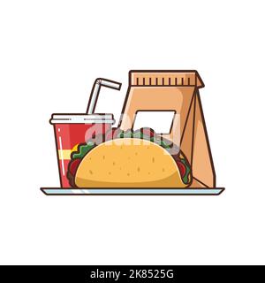 Illustration of Taco and Soft drink takeout, Food bag paper  - vector illustration design - Food Logo - Food Illustration - Fast food Illustration Stock Vector