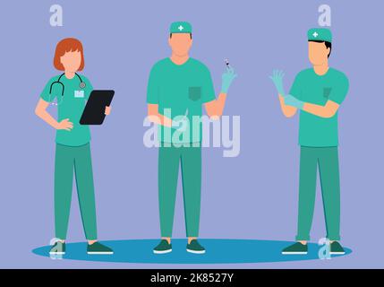 Medical workers stand near the ambulance in Illustration Stock Vector
