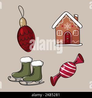 collection of cartoon christmas elements gingerbread house skates cone toy and candy hand drawn style Stock Vector