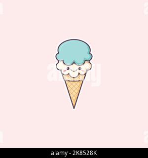 Illustration of Ice cream character, cute and kawaii ice cream, smile. Stock Vector